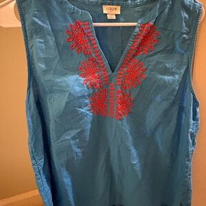J. Crew Turquoise Blue Linen Sleeveless Top with Orange  Embroidery